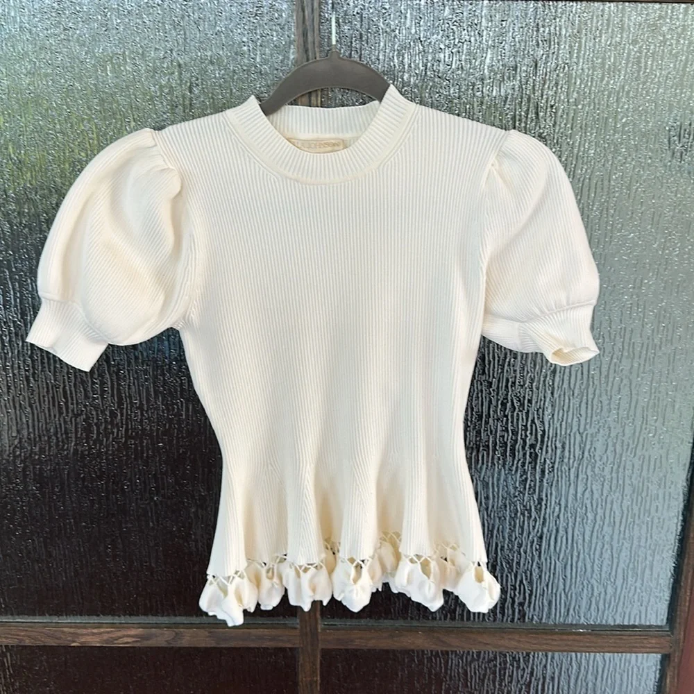 Ulla Johnson Ivory Knit Puff-Sleeve Peplum Top